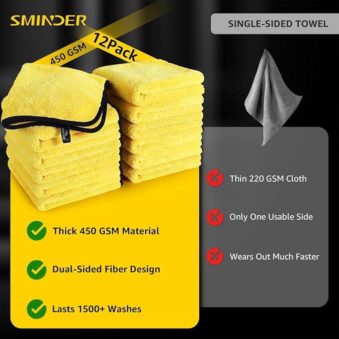 SMINDER 12-Pack Microfiber Cleaning Cloth, Car Drying Towels Car Detailing– XL Microfiber Towels for Cars, Trucks (15.7" x 15.7"), Ultra-Absorbent, Streak-Free, Scratch-Free, No Water Spots