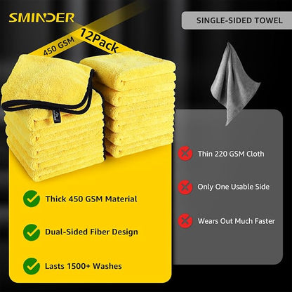 SMINDER 12-Pack Microfiber Cleaning Cloth, Car Drying Towels Car Detailing– XL Microfiber Towels for Cars, Trucks (15.7" x 15.7"), Ultra-Absorbent, Streak-Free, Scratch-Free, No Water Spots