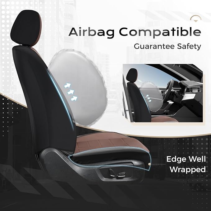 Coverado Full Set Leather Car Seat Covers, Crafted with Full Leather Construction and Carbon Fibre Weave Universal Fit for Most Cars SUV Trucks(Coffee