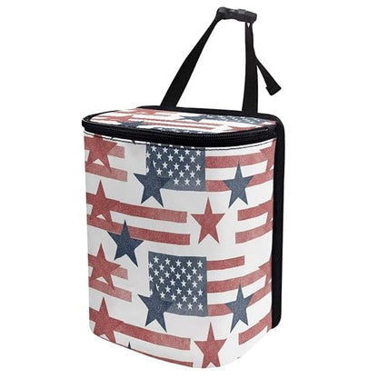 Talayituse Star American Flag Print Car Trash Bin, Large Size Auto Trash Can Adjustable Portable Garbage Can with Lid, Vehicle Hanging Bag for Headrest Front Back Seat 4th of July Decor