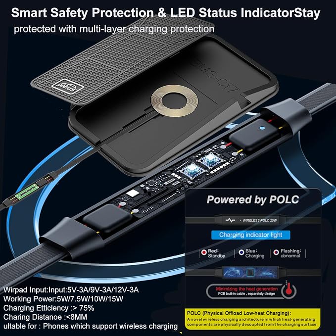 Wireless car Charger Charging pad,POLMXS No-Slip Wireless Phone Charger for car Cell Phone Cordless Charging mat Compatible with iPhone 16/15/14/13/12 Galaxy S23 S22 S21 Note10(C17)
