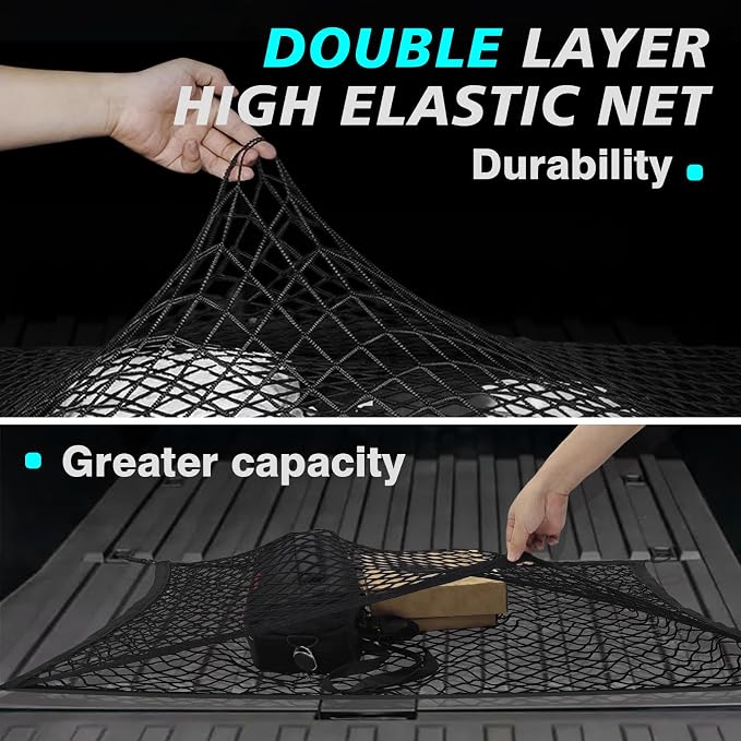 BestEvMod Cargo Mesh Net for Pickup Truck Bed Compatible with Tesla Cybertruck 2026 2025 2024 Accessories Mesh Extra Strong Hook Stretchable Trunk Organizer Cargo Net (Rear, Reinforced POM Hooks)