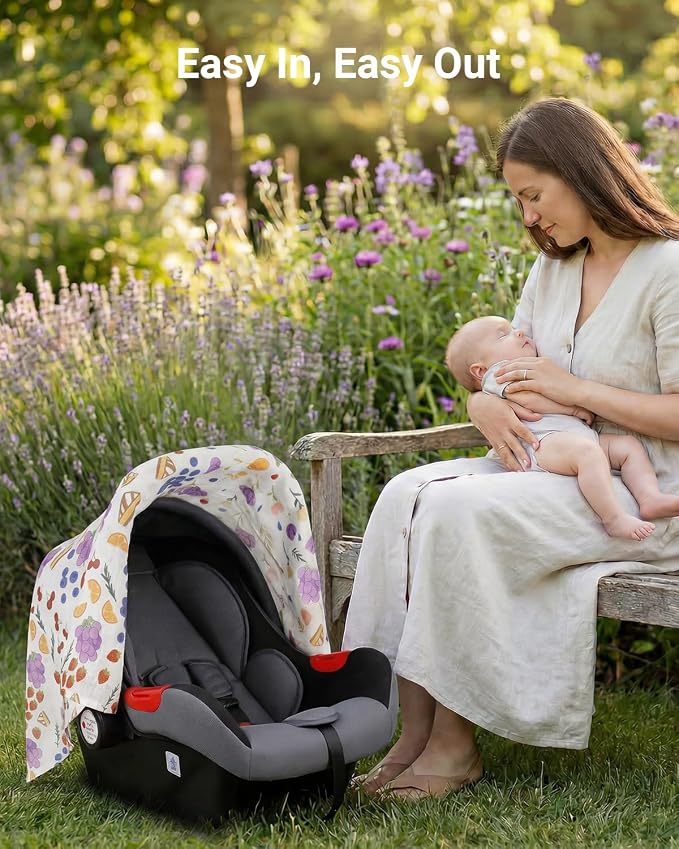 Rquite Car Seat Cover Baby for Girls Boys, 100% Muslin Cotton Infant Carseat Canopy, Soft Breathable Stroller Sun Shade & Newborn Shower Gift, Large Size Universal Fit Summer, Hot & Warm Weather
