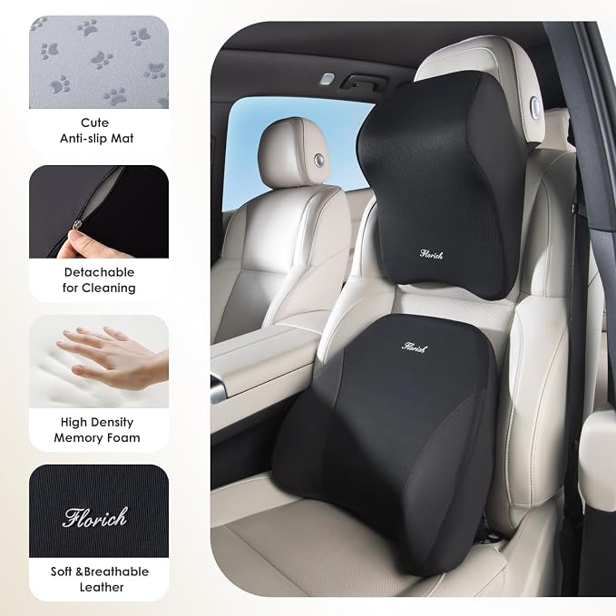 FLORICH Upgrade Lumbar Support and Car Neck Pillow, Back Support and Headrest Pillow for Car Seat Driver, Memory Foam Back Neck Support Pillow and Car Seat Lumbar Support for Car Office Chair - Black