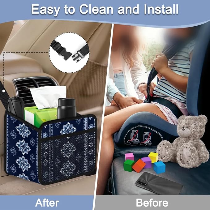 Car Backseat Organizer, PU Leather Back of Seat Cars Hanging Organizer with Pockets Leakproof Car Garbage Bags Hanging Car Seat Storage Box Travel Accessories Foldable (Tribal-floral Vintage Blue)