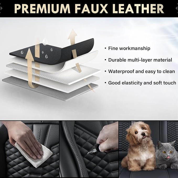 Coverado Leather Seat Covers, Car Seat Covers Full Set, Black Seat Covers for Cars, Car Seat Protector Waterproof, Car Seat Covers Front Seats and Back Universal Fit for Most Cars