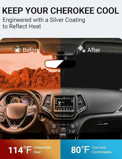Proadsy 2026 Upgrade Front Windshield Sun Shade Foldable Sunshade Protector Custom for Jeep Cherokee 2014-2023 (Not for Jeep Grand Cherokee) Trailhawk Overland Limited Latitude Altitude Accessories