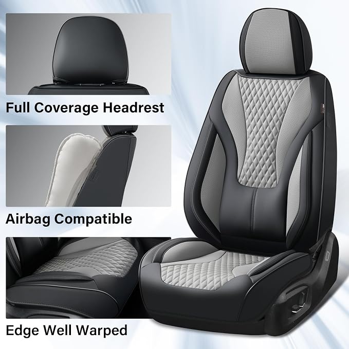 Coverado Waterproof Nappa Leather Car Seat Covers, Automotive Seat Covers，Front Car Seat Cushion & Car Seat Protector, Black&Gray Seat Covers Universal Fit for Most Cars, SUVs, Trucks