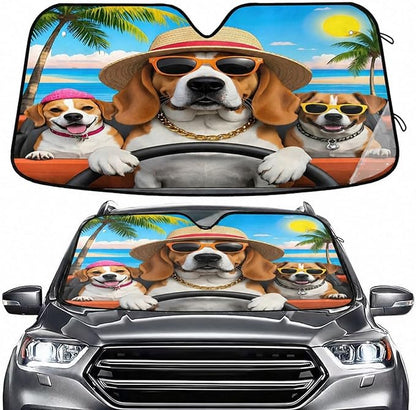 Funny Dogs Palm Tree Summer Car Windshield Sun Shade for Car Auto SUV Truck Foldable Front Window Sunshade Sun Visor Protector Block UV Rays Reflect Heat, 55" x 28"