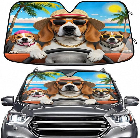 Funny Dogs Palm Tree Summer Car Windshield Sun Shade for Car Auto SUV Truck Foldable Front Window Sunshade Sun Visor Protector Block UV Rays Reflect Heat, 55" x 28"