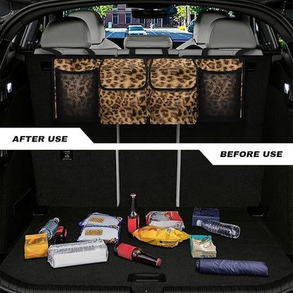 Brown Leopard Pattern Car Organizer Waterproof Trunk Hanging Storage Bag with Extra Storage Space for SUVs,Trucks,Vans