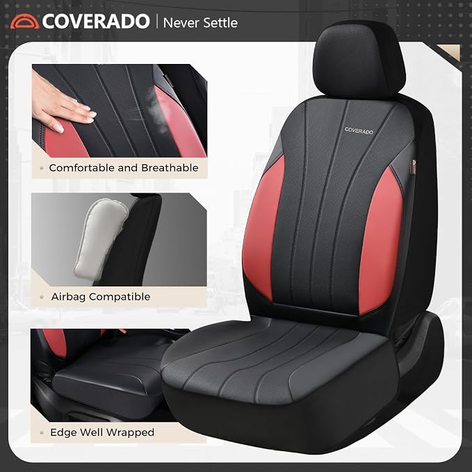 Coverado Car Seat Covers， 2 Front Seats Waterproof Nappa Leather Automotive Seat Protectors, Front Luxury Mesh Seat Covers, All-Weather Universal Fit for Most Cars SUVs, Trucks,Red&Black