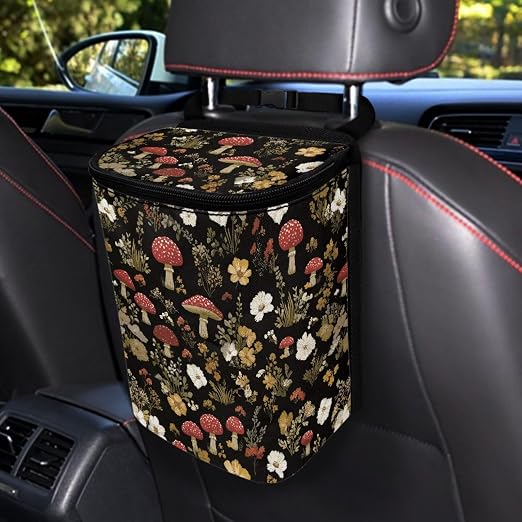 Retro Mushroom Daisy Flower Pattern Car Trash Can with Lid and Zipper Portable Foldable Trash Bin for Car Interior Accessories Multipurpose Garbage Can Bags Storage Organizer