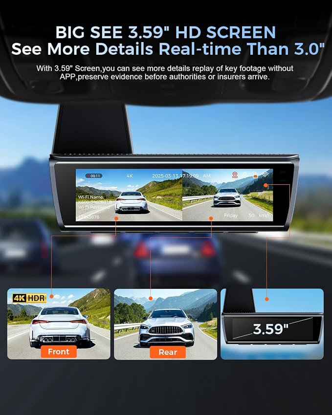 OVAMAN K600 4k Dash Cam Front and Rear, 3.59" IPS Screen, Built-in GPS 5G WiFi Dash Camera for Cars with App, UHD 2160P Night Vision Free 64G SD Card, 170° Wide Angle, HDR, 24H Parking Mode
