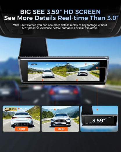 OVAMAN K600 4k Dash Cam Front and Rear, 3.59" IPS Screen, Built-in GPS 5G WiFi Dash Camera for Cars with App, UHD 2160P Night Vision Free 64G SD Card, 170° Wide Angle, HDR, 24H Parking Mode