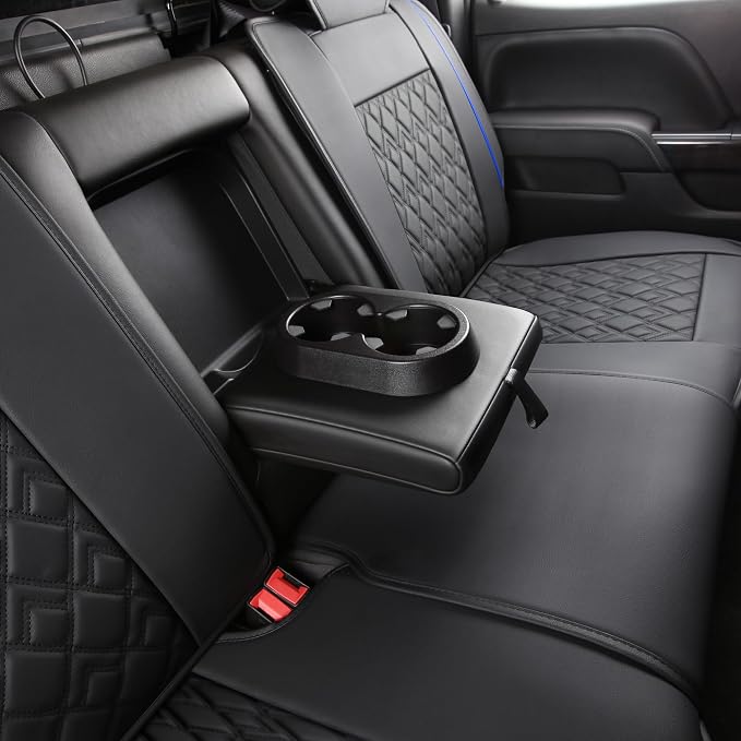 JOJOBAY Chevy Silverado Seat Covers,Leather Seat Covers for GMC Sierra,Custom Fit 2007-2026 1500 2500HD 3500HD Crew Double Extended Regular Cab,LT LZT RST(Full Set,Black Blue)