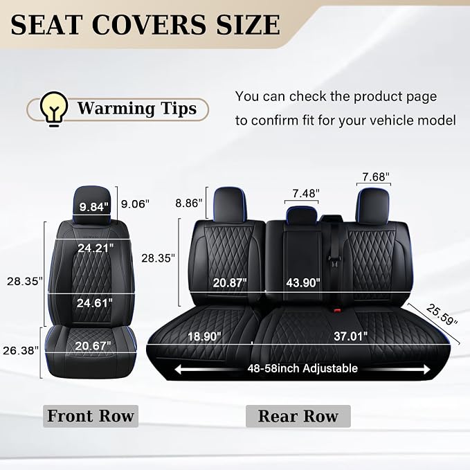 Coverado Leather Rear Seat Covers Fit for Ford F150 F250 F350 F450, Waterproof Ford Truck Rear Seat Covers Fit for 2015-2026 F150 & 2017-2026 F250 F350 F450 (Blueline)