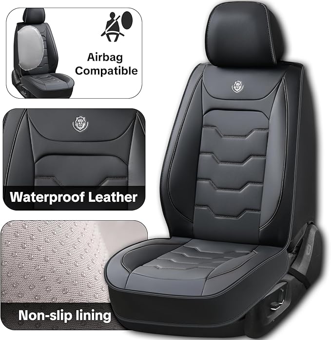Black Car Seat Covers Complete Set, Universal Car Seat Covers for Cars, Premium Waterproof Leather, Protect & Upgrade Car Interiors, Airbag Compatible, Easy to Install & Clean Up