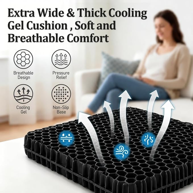 Gel Seat Cushion for Long Sitting – Double-Layer Honeycomb Cooling Chair Pad, Thick Supportive Gel Cushion with Breathable Non-Slip Cover for Office Chair, Car, Wheelchair & Long Sitting（Black）