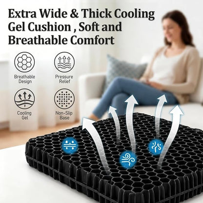 Gel Seat Cushion for Long Sitting – Double-Layer Honeycomb Cooling Chair Pad, Thick Supportive Gel Cushion with Breathable Non-Slip Cover for Office Chair, Car, Wheelchair & Long Sitting（Black）