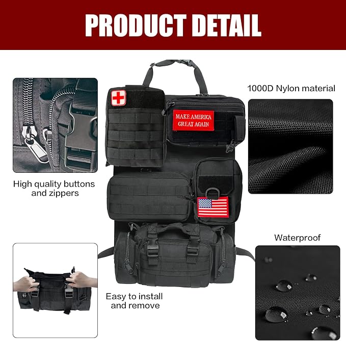 Tactical Car Seat Back Organizer,Tactical Molle Seat Back Organizer with 5 Detachable Molle Pouch,Velcro Label Can Be Removed,Universal Fits for Car Truck Jeep Vehicle