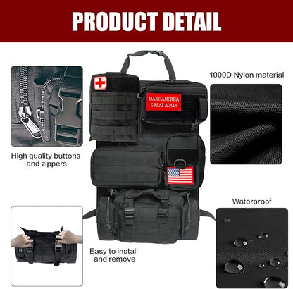 Tactical Car Seat Back Organizer,Tactical Molle Seat Back Organizer with 5 Detachable Molle Pouch,Velcro Label Can Be Removed,Universal Fits for Car Truck Jeep Vehicle