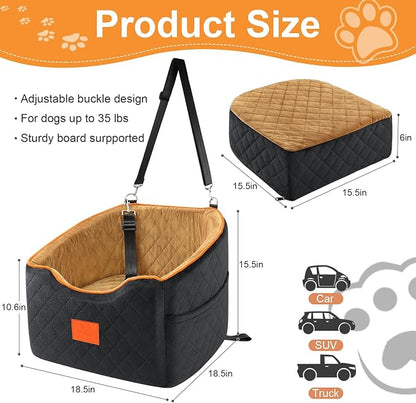 XIEEAOZEE Dog Car Seat for Small Dogs, Memory Foam Booster Dog Seat for Dogs up to 35 lbs, Elevated Pet Car Seat with Washable Removable Cover, Storage Pockets