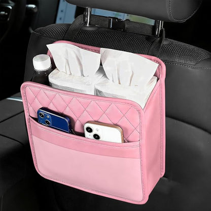 Car Seat Back Organizer, Leather Backseat Hanging Storage Bag, Multipurpose Car Hanging Trash Bag with 2 Compartments, Car Large Capacity Pouch Pocket for Kids & Adults (Pink/Transparent Bag)