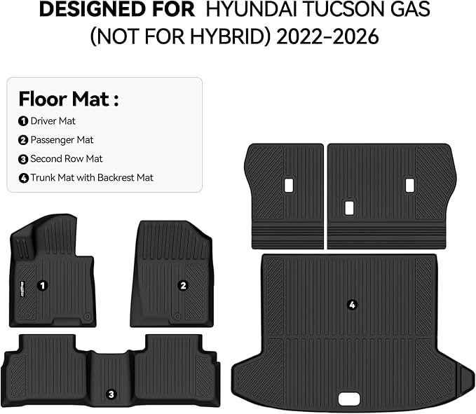 Floor Mats for Hyundai Tucson Gas(Not for Hybrid) 2022-2025 2026, Trunk Mat and Backrest Mat All Weather TPE Protector for Hyundai Tucson Accessories Floor Liner