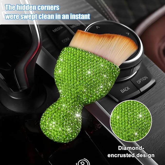 Bling Car Detailing Brush, Crystal Rhinestone Non-Scratch Vehicle Cleaning Dust Brush for Air Vent & Dashboard, Soft Bristles Automotive Interior Cleaning Tool, Universal Fit (Light Green)