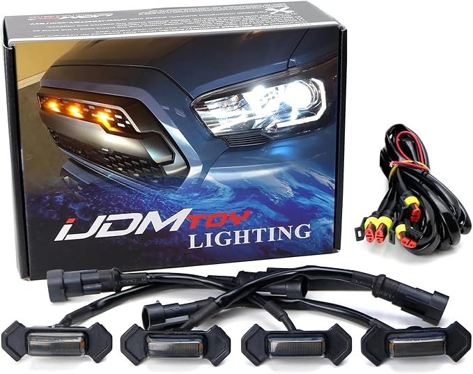 iJDMTOY 4pc Set Smoked Lens Front Grille Lighting Kit Compatible with 2016-2023 Toyota Tacoma w/TRD Pro Grill ONLY, Includes (4) 4-SMD 2500K Amber LED Light Assy & Wiring Harness