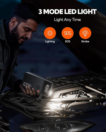 Car Battery Jump Starter with Air Compressor,44.4Wh Battery Jump Box with Tire Inflator,Jump Booster with Smart Jumper Cables,LED Light Emergency Car Kits for Vehicles,Arrancador Ae Batería