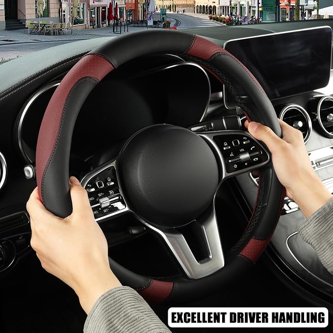 Microfiber Leather Steering Wheel Cover Large Size for Ford F150 F250 F350 RAM 4Runner Tacoma Tundra Sequoia Model S Model X, Breathable, Anti Slip, 15.5 inch to 16 inch, Black with Burgundy