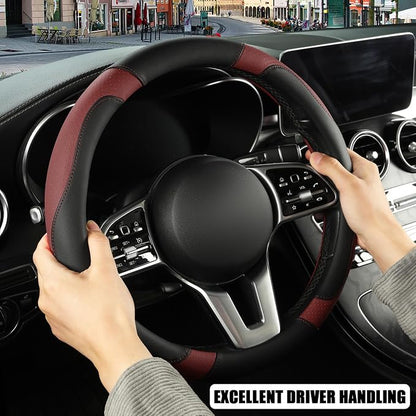 Microfiber Leather Steering Wheel Cover Large Size for Ford F150 F250 F350 RAM 4Runner Tacoma Tundra Sequoia Model S Model X, Breathable, Anti Slip, 15.5 inch to 16 inch, Black with Burgundy