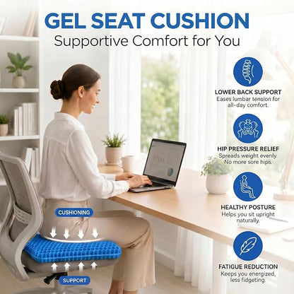 Gel Seat Cushion for Long Sitting – Double-Layer Honeycomb Cooling Chair Pad, Thick Supportive Gel Cushion with Breathable Non-Slip Cover for Office Chair, Car, Wheelchair & Long Sitting（Blue）