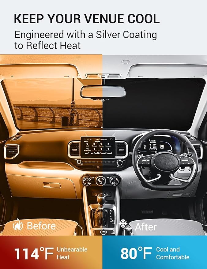 Proadsy Windshield Sun Shade Custom Fit 2020-2023 2024 2025 2026 Hyundai Venue Foldable Front Sunshade Protector Sun Visor Blocks UV Rays Keep Car Cooler