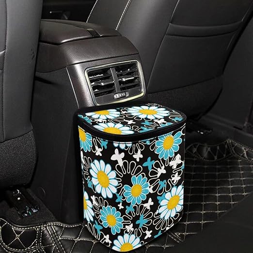 White Green Daisy Flower Print Car Trash Can with Lid Car Accessories for Men Women Trash Bin Hanging Back of Seat Collapsible Leak Proof Multipurpose Vehicle Garbage Can