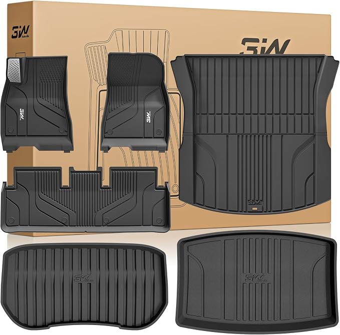 3W Tesla Model 3 Floor Mats 2026 2025 2024 with Metal Pedal, Full Set with Cargo Liner, Highland All Weather Custom Fit Rear Trunk Mat Accessories Black