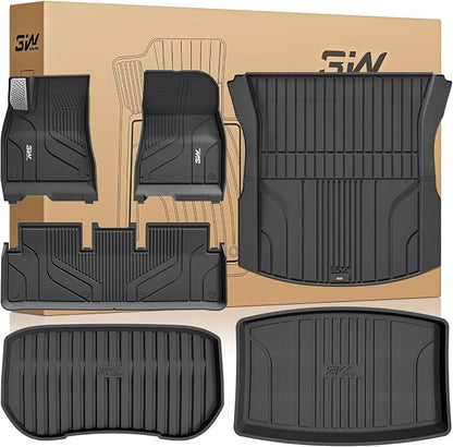 3W Tesla Model 3 Floor Mats 2026 2025 2024 with Metal Pedal, Full Set with Cargo Liner, Highland All Weather Custom Fit Rear Trunk Mat Accessories Black
