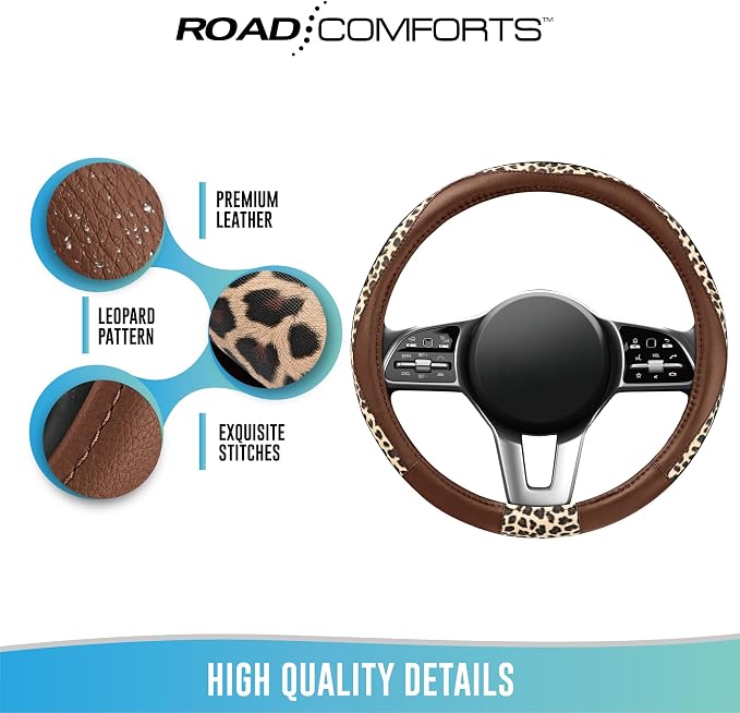 Road Comforts Steering Wheel Cover - Made with PVC Leather and Leopard Fabric - Universal 14 1/2 inches to 15 inches for Most Automotive Steering Wheel - Cheetah Print - Brown
