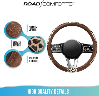Road Comforts Steering Wheel Cover - Made with PVC Leather and Leopard Fabric - Universal 14 1/2 inches to 15 inches for Most Automotive Steering Wheel - Cheetah Print - Brown