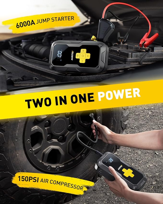 Jump Starter with Air Compressor, AUXITO 6000A Portable Car Jumper, 150PSI Digital Tire Inflator, 12V Jump Box for All Gas/8L Diesel Engine, Power Bank with Type-C Quick Charger, 400LM Emergency Light