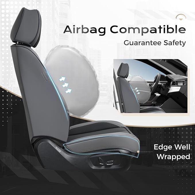 Coverado Seat Covers, Car Seat Covers Full Set, Leather Seat Covers for Cars, Car Seat Protector, Gray Car Seat Covers Front Seats and Back Seats Universal Fit for Most Cars Black