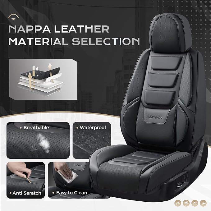 Coverado Car Seat Covers, Front Covers for Cars, Car Seat Cover Front Seats, Automotive Seat Cover, Waterproof, Leather Car Seat Cushion, Universal Interior Covers Seat Protectors for Most Cars Black