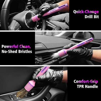 3Pcs Car Detailing Drill Brush Set with Drill Brush Attachment Head, 1P Ultra Soft No Scratch Car Drill Brush for Air Vent Leather Seat, 1P Boars Hair & 1P Detailing Brushes for Interior Exterior,Pink