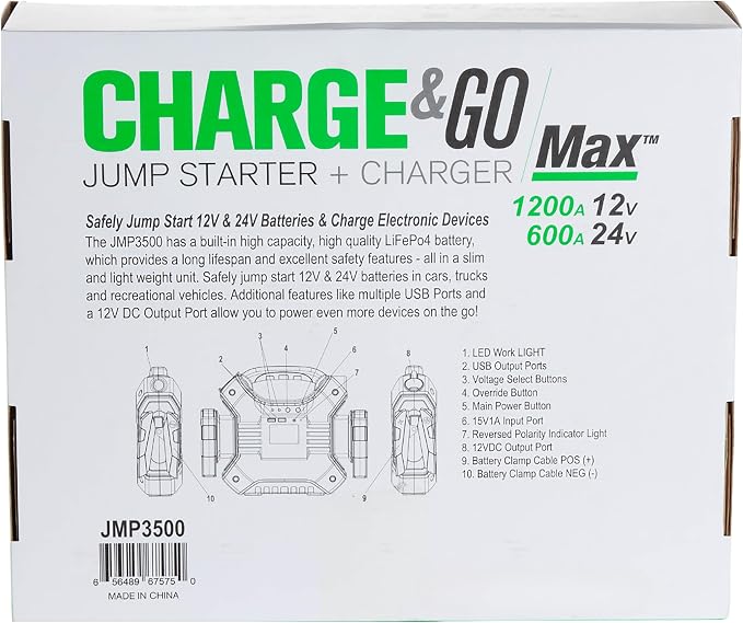 Interstate Batteries 24V, 12V Jump Starter and Charger 1200A, 600A (35,000mAH, 35Ah) Portable LED LiFePo4 Jumpstart Battery Power Pack for Automotives, USB Electronics (JMP3500)
