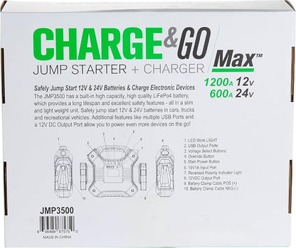 Interstate Batteries 24V, 12V Jump Starter and Charger 1200A, 600A (35,000mAH, 35Ah) Portable LED LiFePo4 Jumpstart Battery Power Pack for Automotives, USB Electronics (JMP3500)