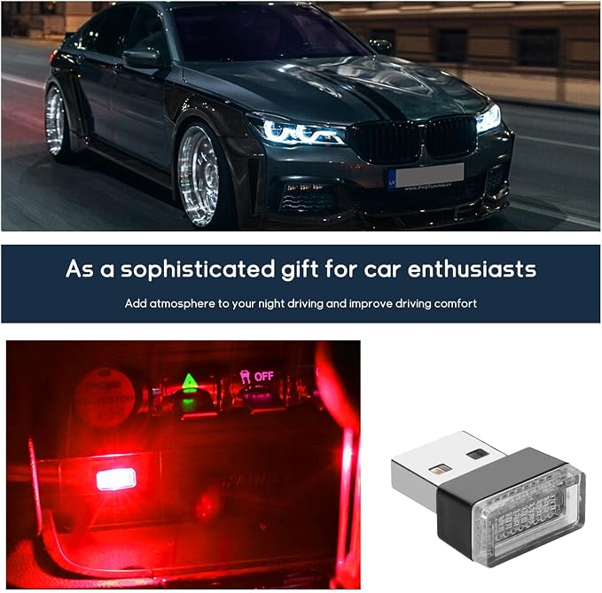 Dickno 4 PCS USB LED Car Interior Atmosphere Lamp, Portable Mini LED Night Light, Plug-in USB Interface Trunk Ambient Lighting Kit, Universal Vehicle Interior Accessories (Blue+Red)
