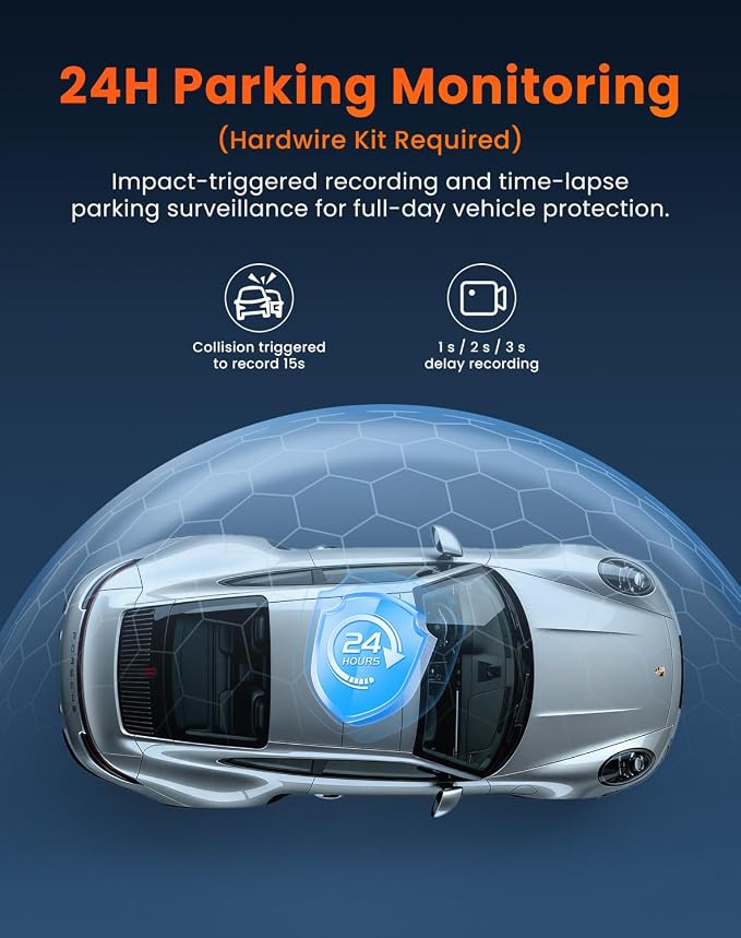 Dash Cam Front and Rear 4K + 2.5K: Dual Channel Car Camera with 5GHz WiFi, 3" IPS, APP Control, Night Vision, G-Sensor, Loop Recording, 24H Parking Mode, Wide Angle, Includes 64GB Card（S7）