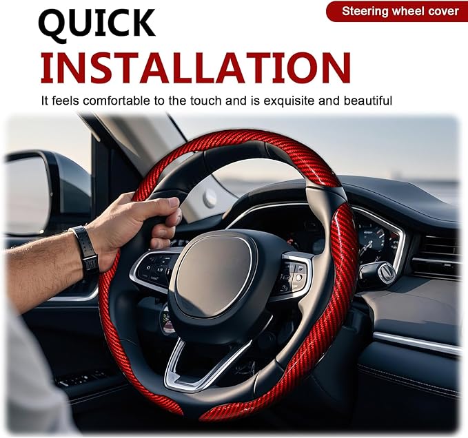 3pcs Universal Carbon Fiber Steering Wheel Cover - Anti-Slip & Segmented Design, Universal 99% Durable Steering Wheel Protector for Men and Women, Car Interior Accessory (Red)